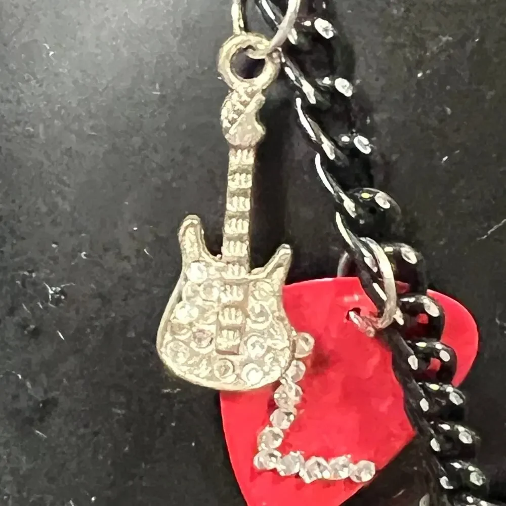 Handmade Red Guitar Pendant LOVE Guitar Pick Crystal Heart Necklace 12.75”